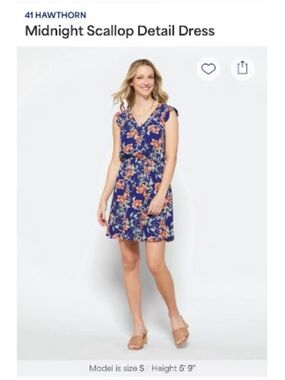 Navy with Coral Floral and Scalloped Detail V-Neck Women's Dress NWOT